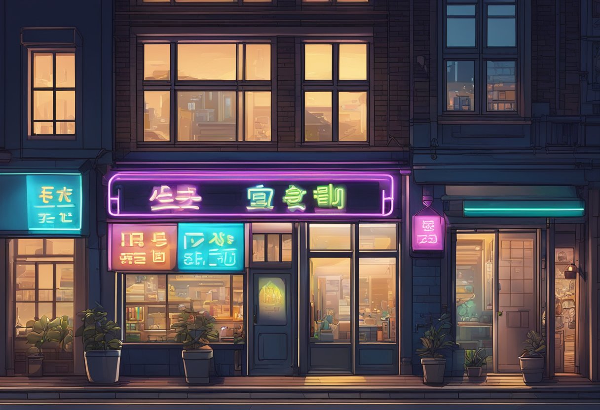 A neon sign with "퀸알바 추천" glowing in the window of a bustling city street at night